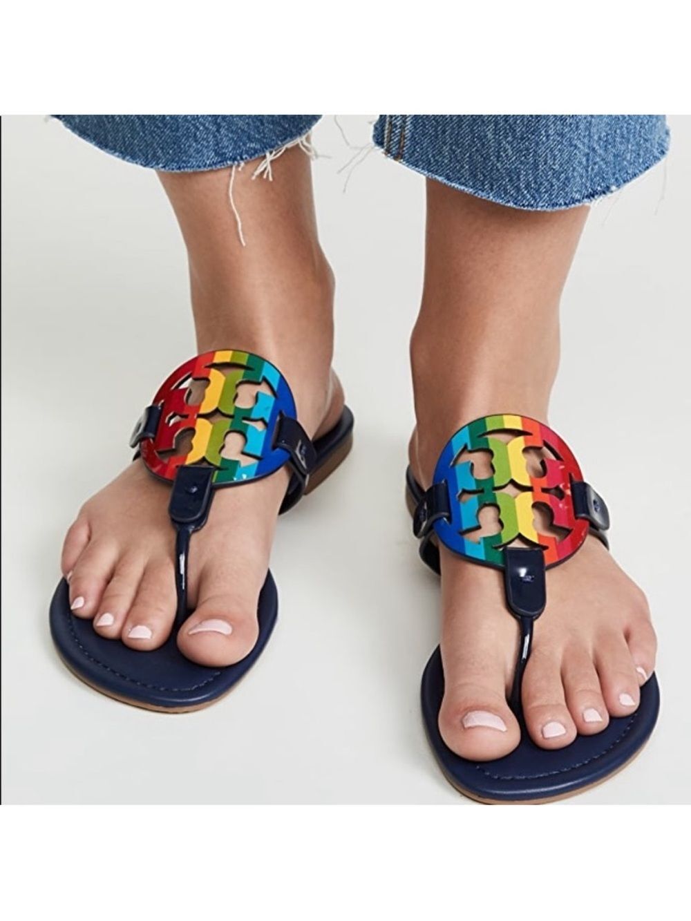 Tory Burch Rainbow Miller Logo Leather Sandals Brand New Modern Resort